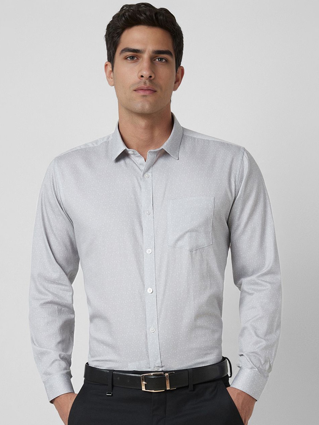 

V Dot Men Slim Fit Spread Collar Geometric Printed Cotton Formal Shirt, Grey