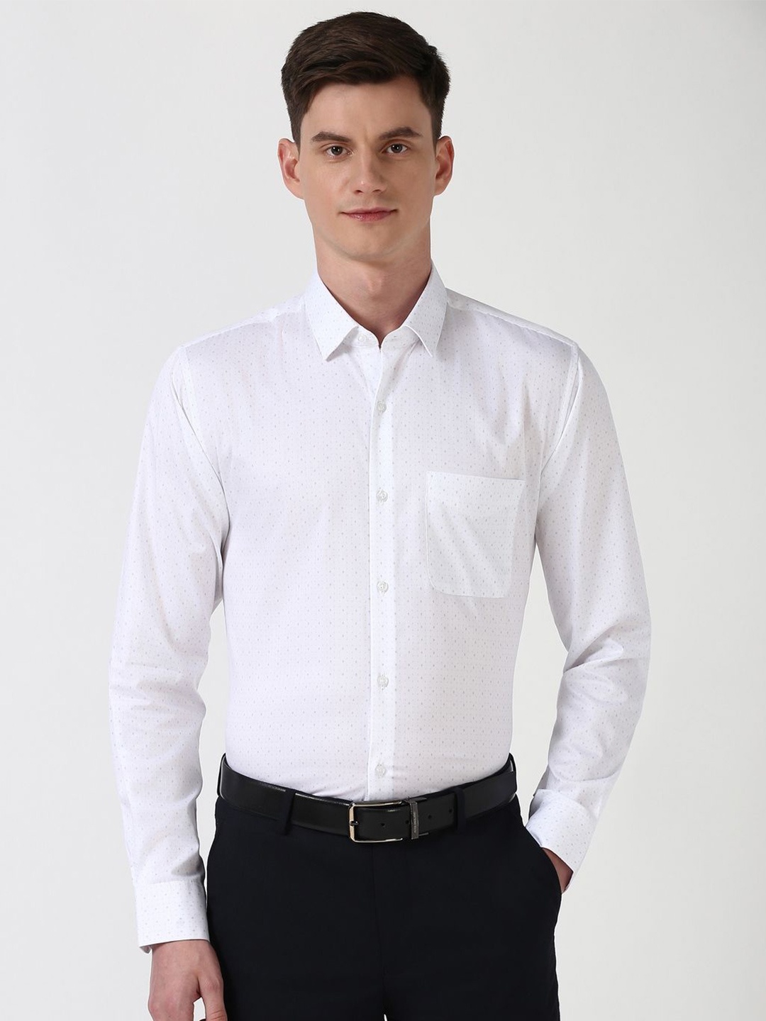 

Peter England Men Slim Fit Spread Collar Micro Ditsy Printed Cotton Formal Shirt, White