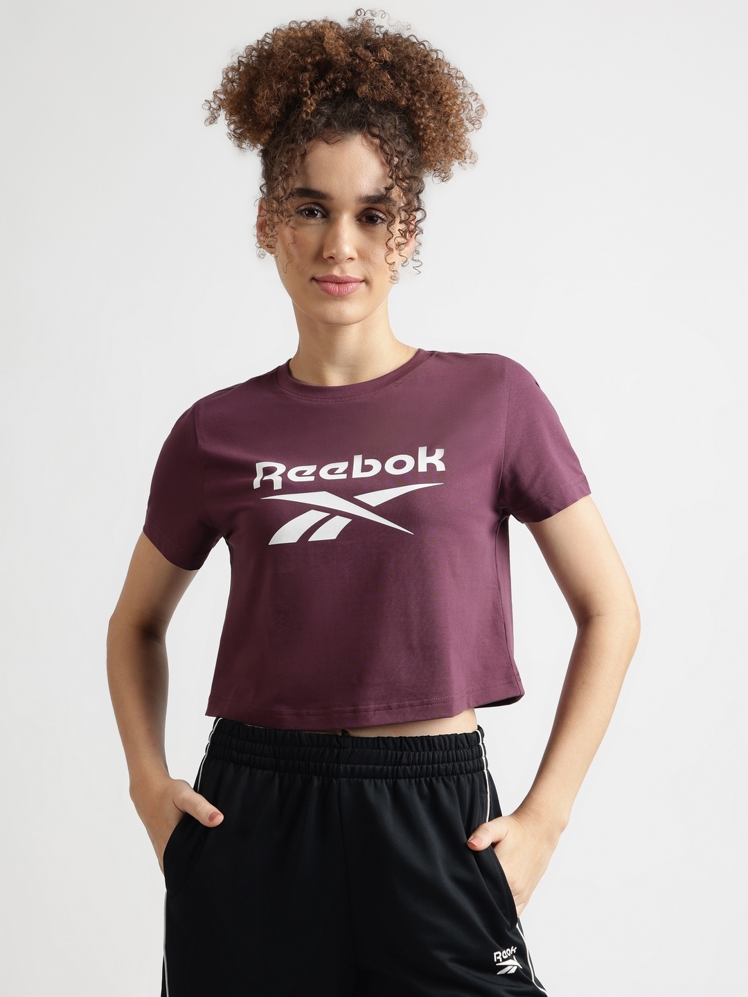 

Reebok Women Graphic Printed Short Sleeves Cotton Boxy Fit Casual T-shirt, Maroon