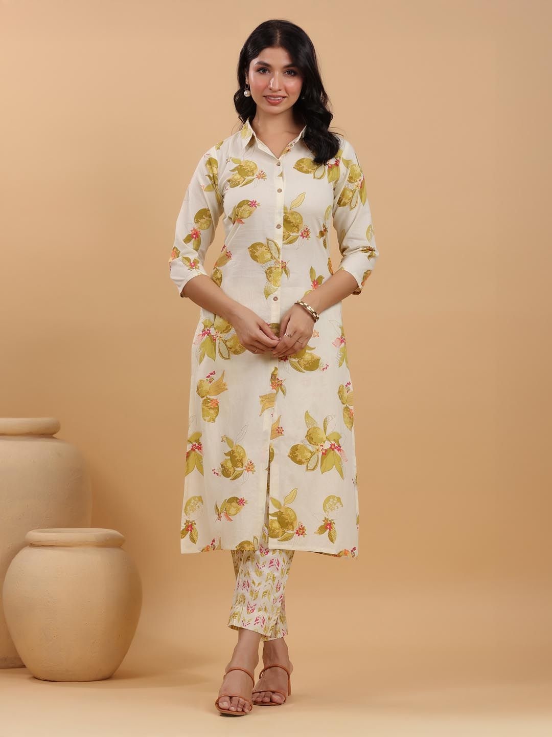 

Janasya Women Floral Printed Regular Pure Cotton Kurta with Trousers, Cream