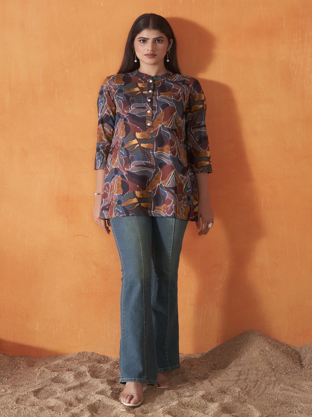 

Anouk Blue And Yellow Abstract Printed Mandarin Collar Kurti, Brown