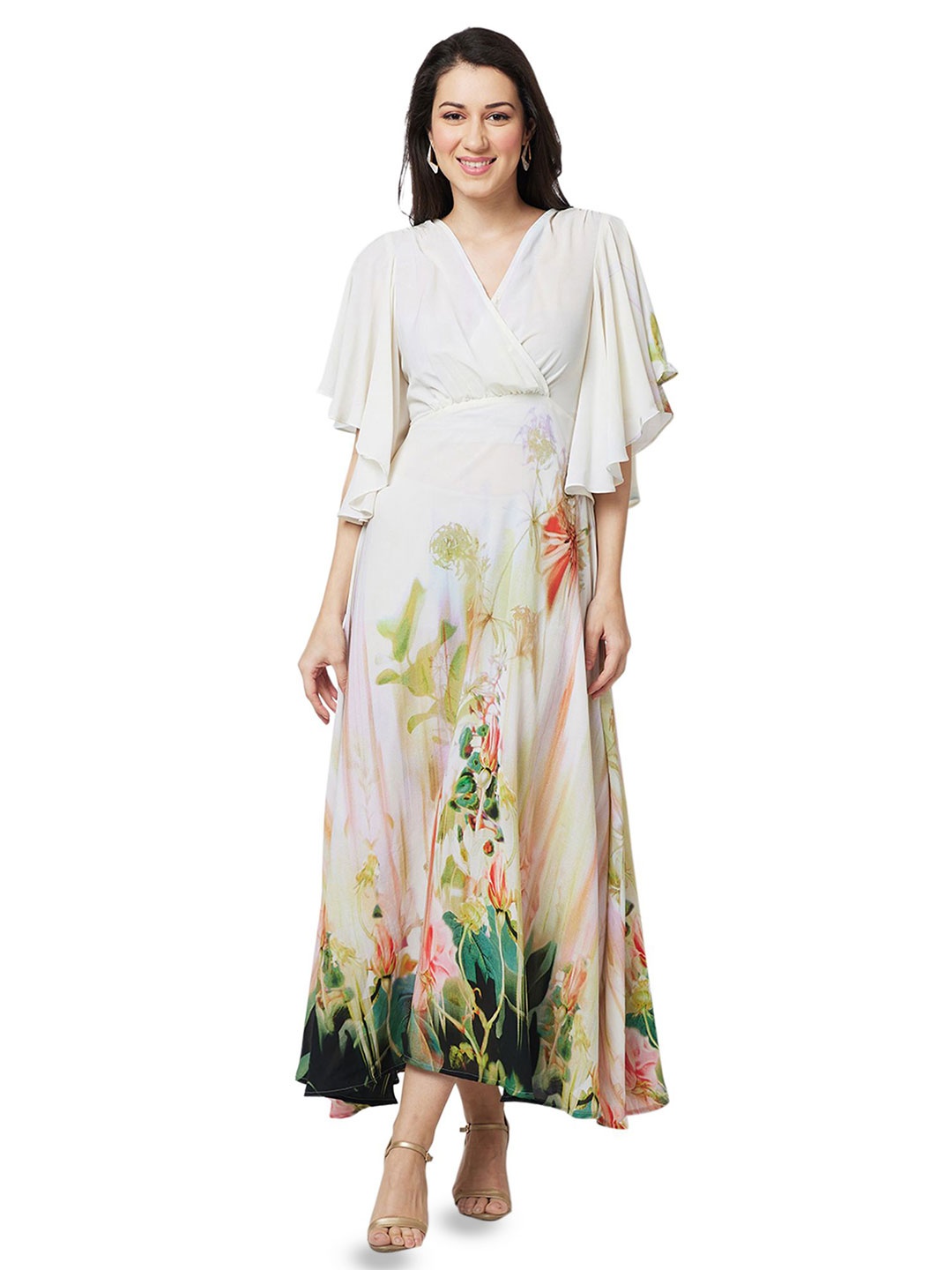 

Iti Floral Print Flutter Sleeve Georgette Maxi Dress, Off white