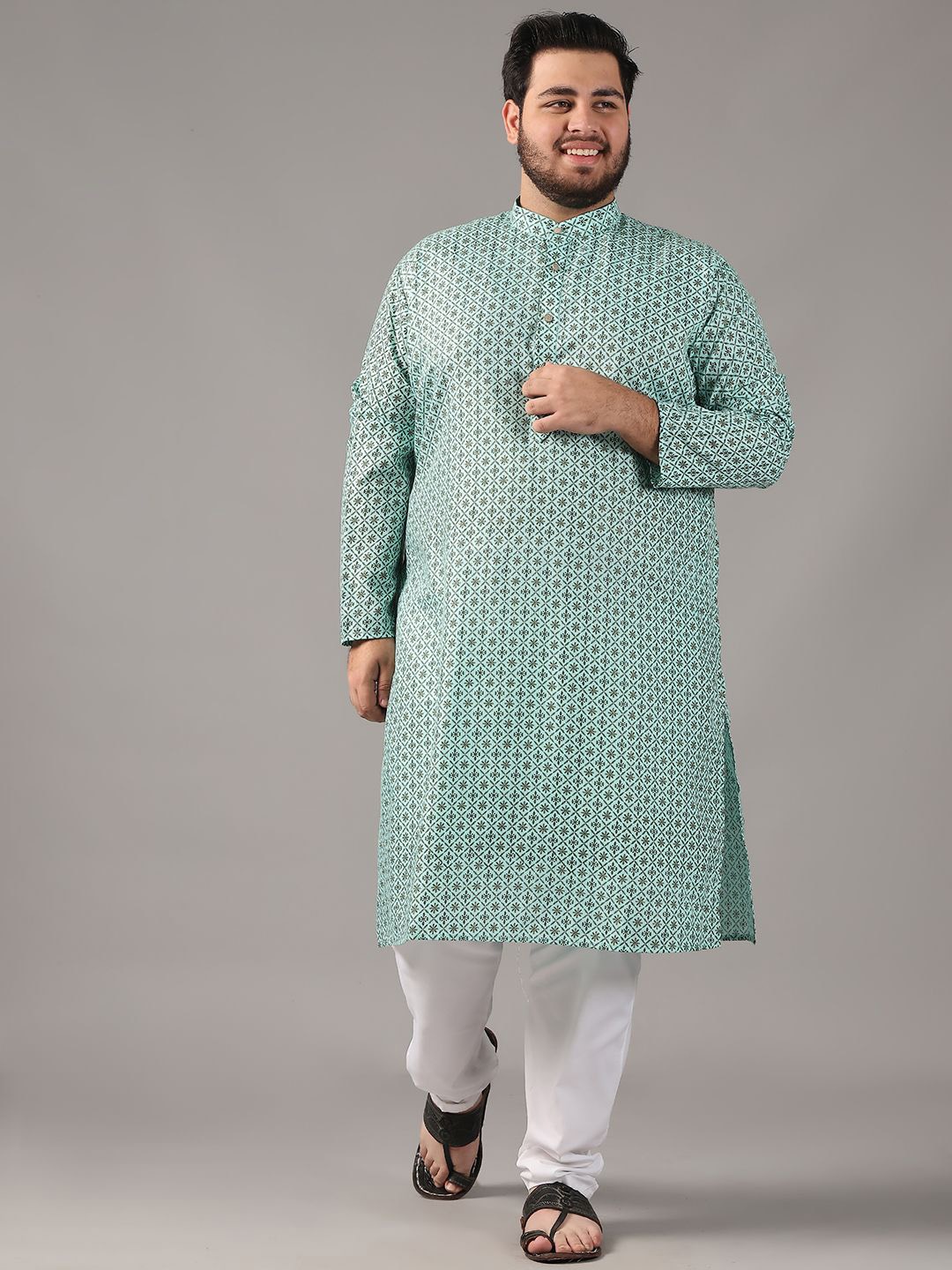 

SOJANYA PLUS Size Floral Printed Band Collar Cotton Linen Straight Kurta, Sea green