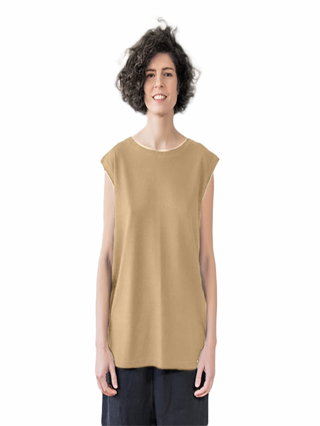 

NOTWILD Women Solid Round Neck Cotton T-shirt, Brown