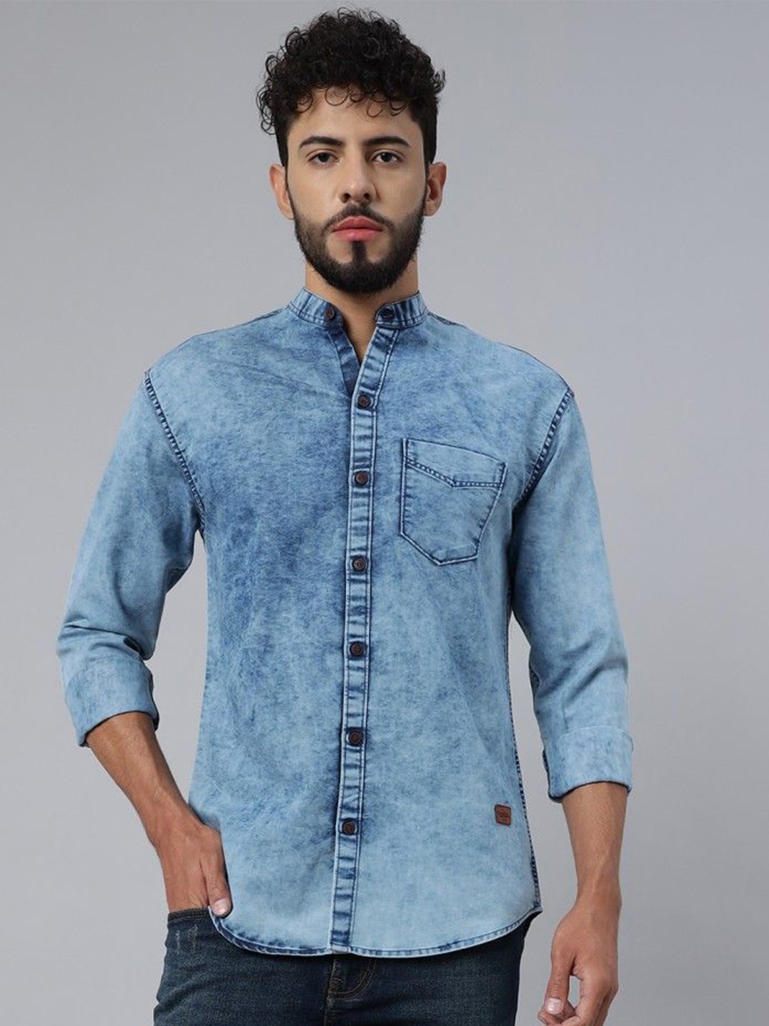 

GREENFLAIR Men India Slim Fit Band Collar Solid Denim Casual Shirt, Blue