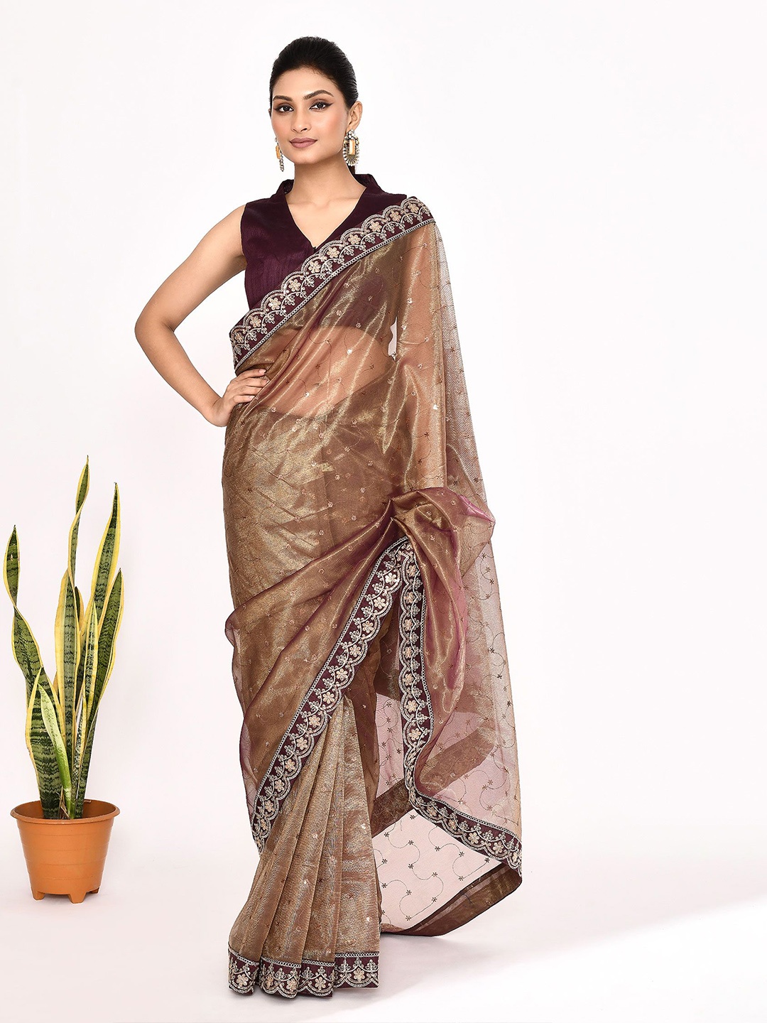 

Manu Designer Floral Embroidered Organza Saree, Brown
