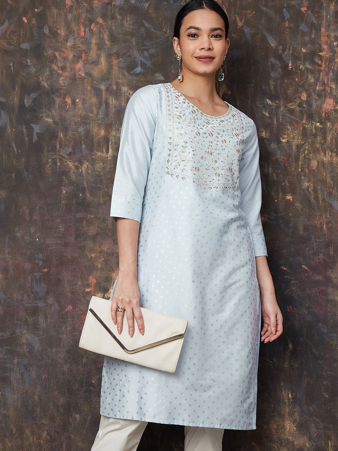 

Melange by Lifestyle Zari Floral Embroidered Round Neck Thread Work Straight Kurta, Blue