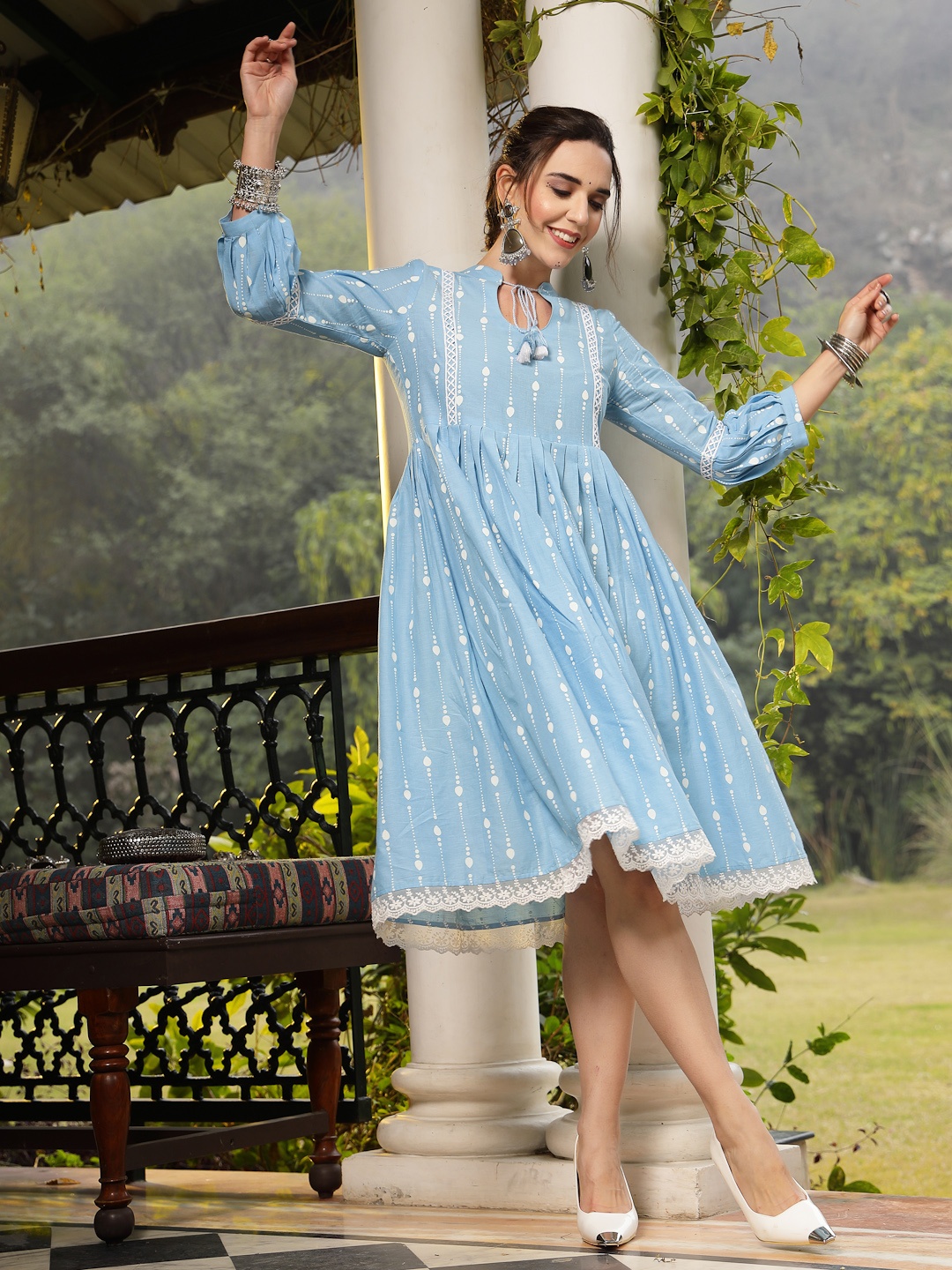 

Stylum Printed Cotton Fit & Flare Dress, Turquoise blue