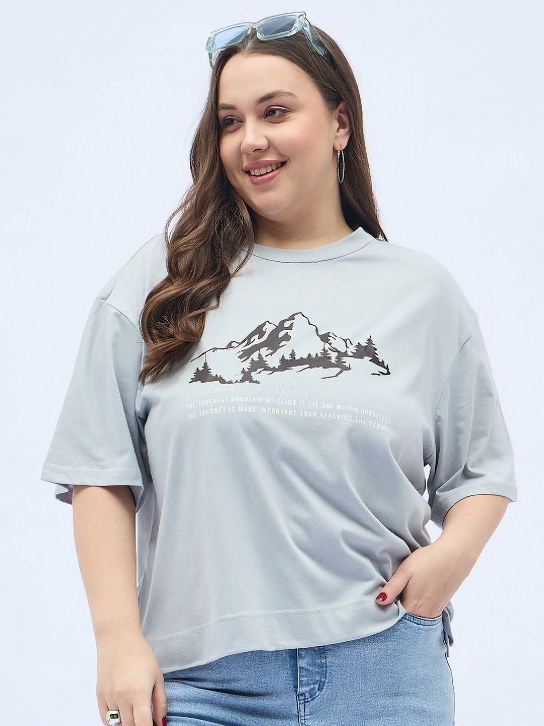 

DressBerry Curve Women Floral Printed Drop-Shoulder Sleeves T-shirt, Grey