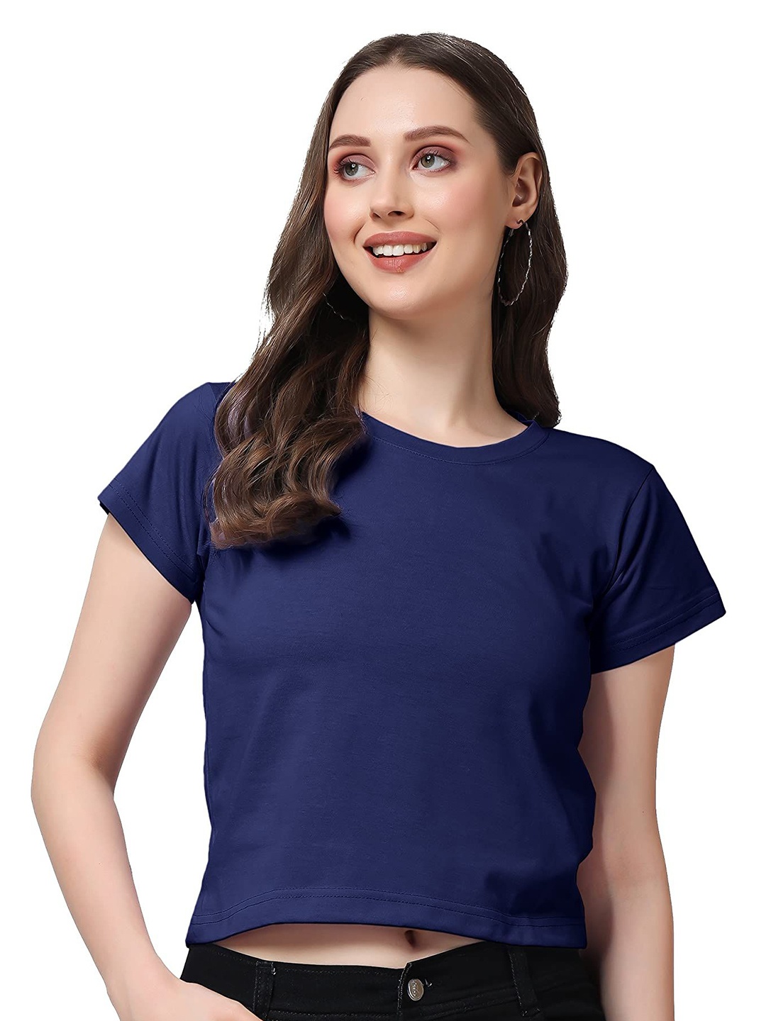 

NOTWILD Women Solid Round Neck Cotton Boxy T-shirt, Navy blue