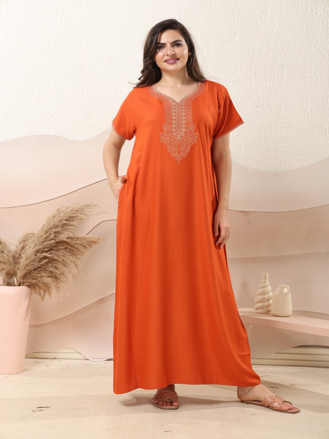 

EASY MOM Cotton Embroidered Maxi Dress, Orange