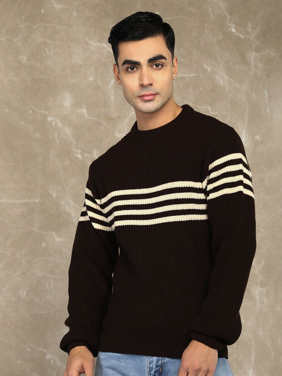 

CHKOKKO Men Striped Round Neck Pullover Sweater, Coffee brown