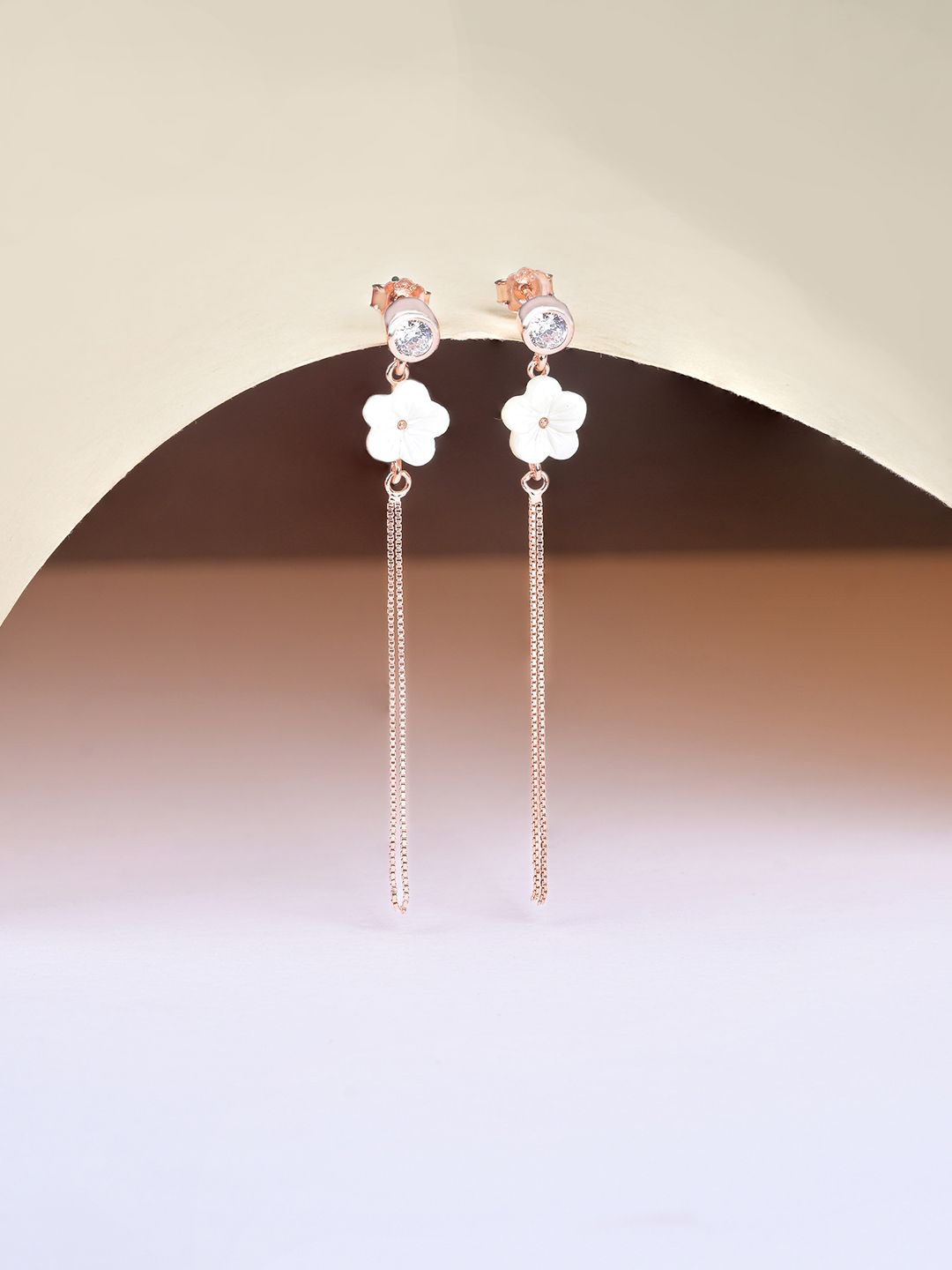 

TOUCH925 925 Silver Rose Gold-Plated CZ Studded Floral Shaped Tasselled Drop Earrings