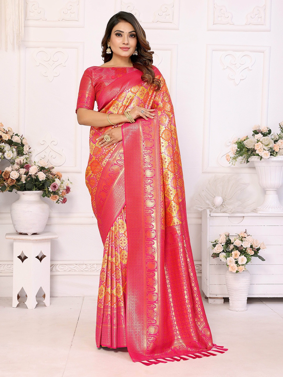 

Vintro Woven Design Zari Pure Silk Banarasi Saree, Orange