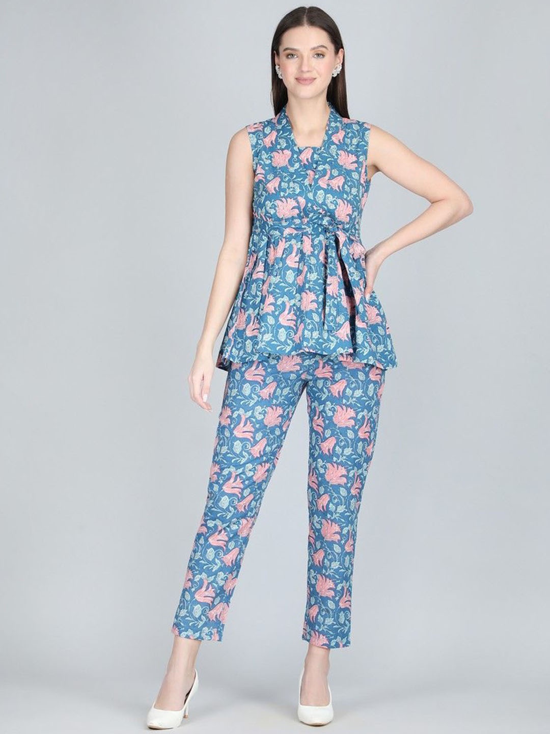 

ANANDITA Floral Printed V-Neck Pure Cotton Tunic With Trouser, Blue