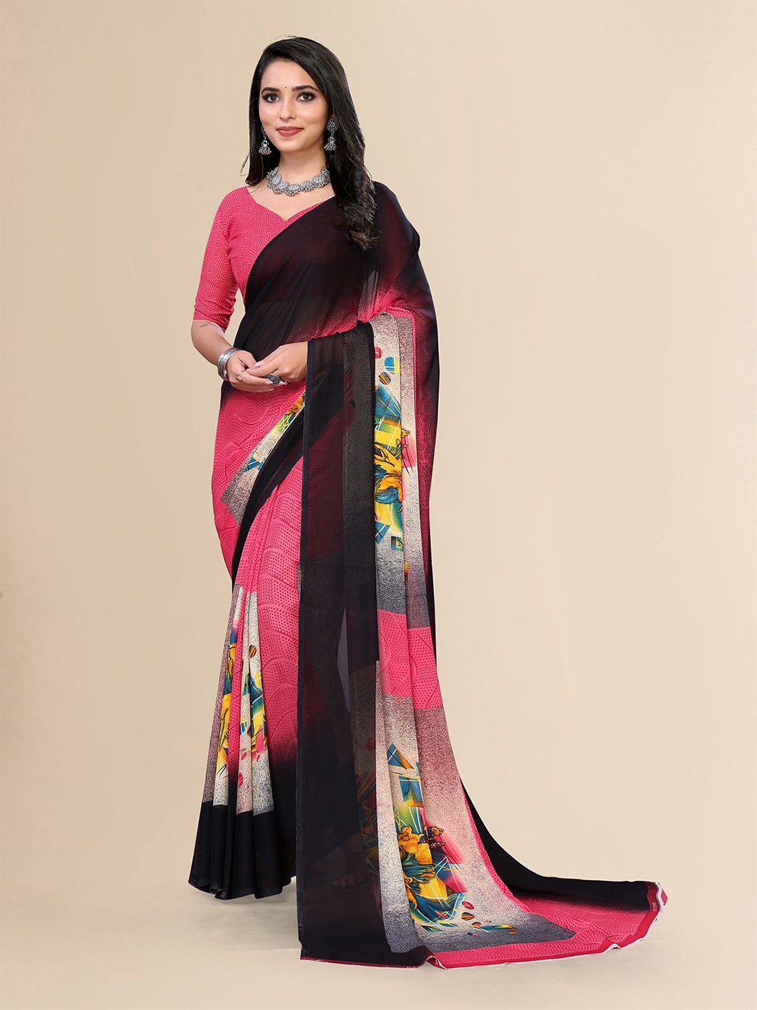 

Moda Rapido Floral Printed Saree With Unstiched Blouse Piece, Pink