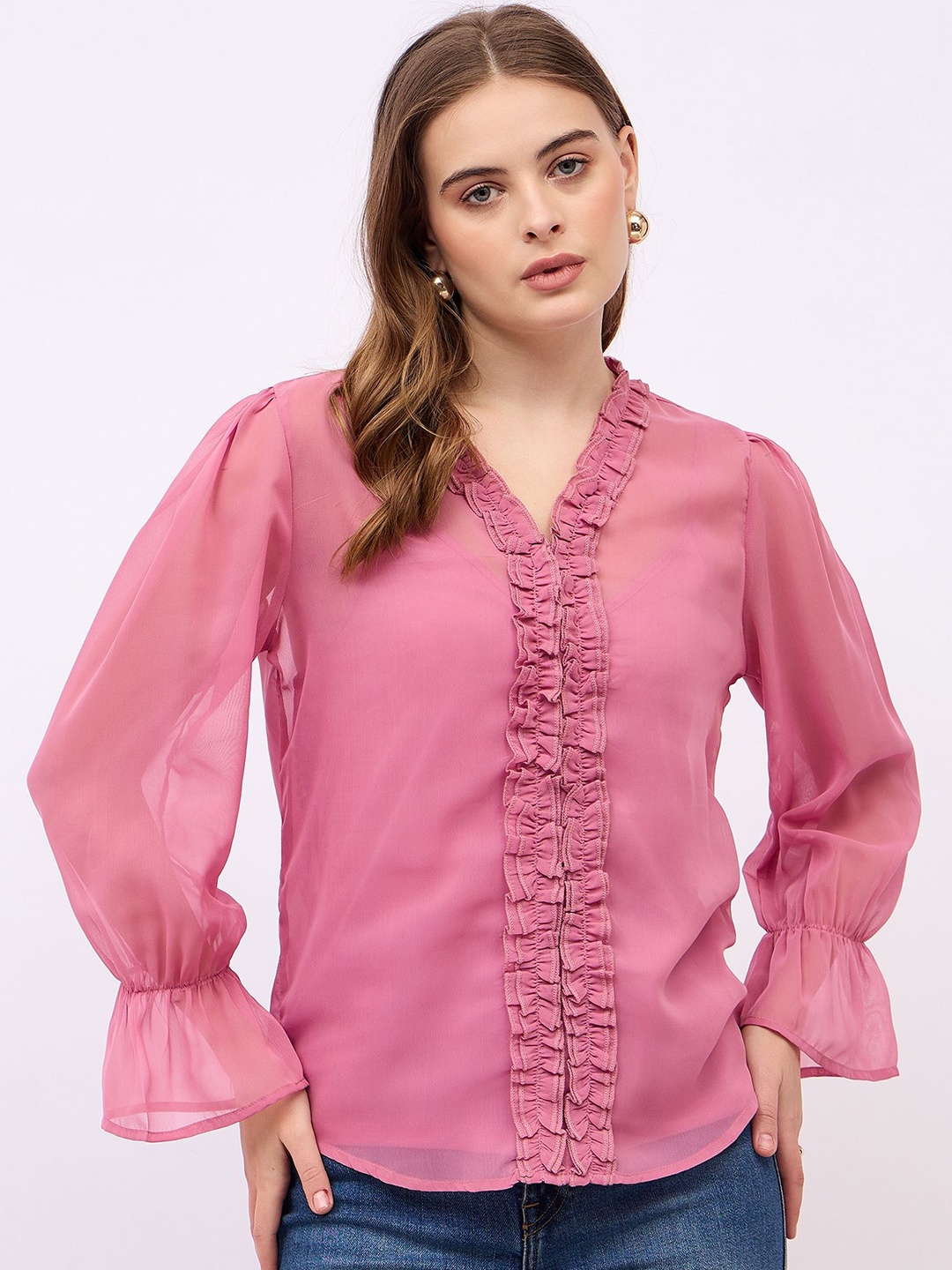 

Styli Women Solid V-Neck Blouse, Pink