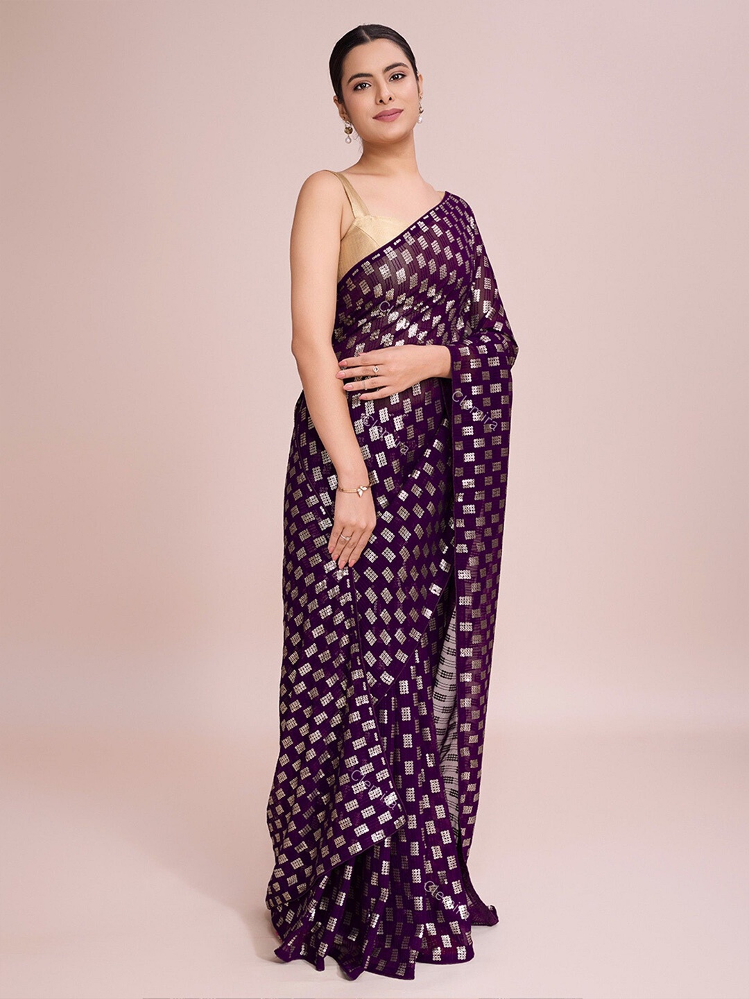 

FashionsEye Women Embellished Sequinned Pure Georgette Saree, Purple