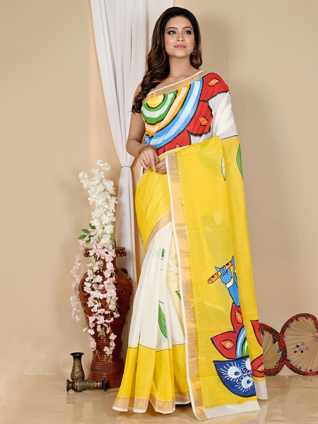 

PuJoy Ethnic Motifs Printed Pure Cotton Zari Taant Saree, Yellow