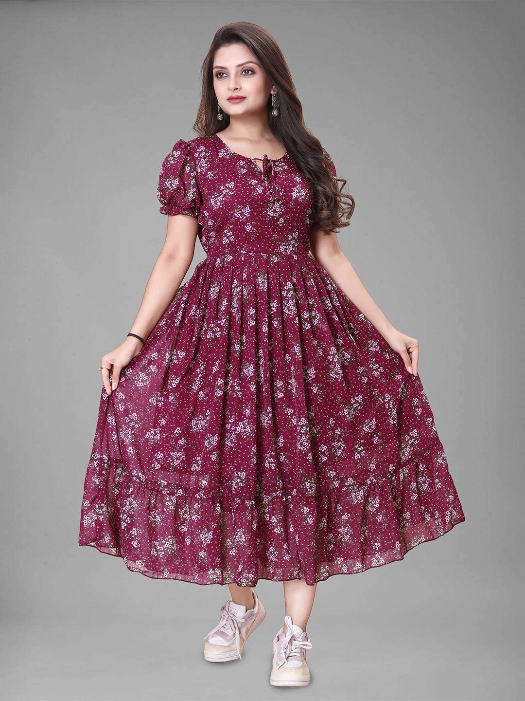 

QENA Floral Print Puff Sleeve Georgette Fit & Flare Maxi Dress, Maroon