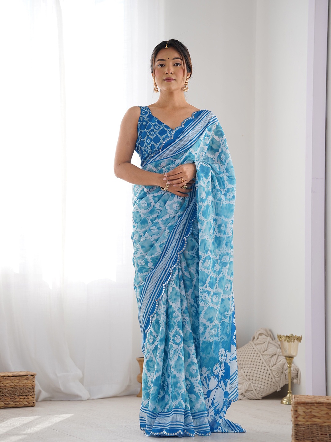 

Manu Designer Floral Beads and Stones Saree, Blue