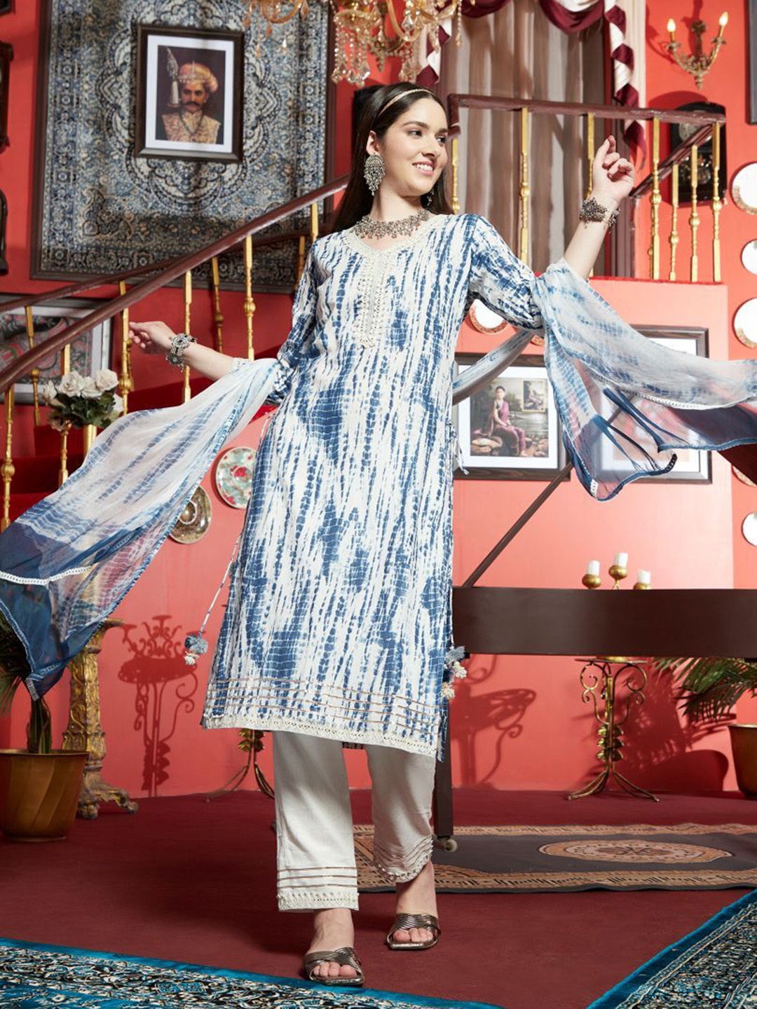 

Sangria Blue Shibori Dyed V-Neck Straight Pure Cotton Kurta With Trousers And Dupatta