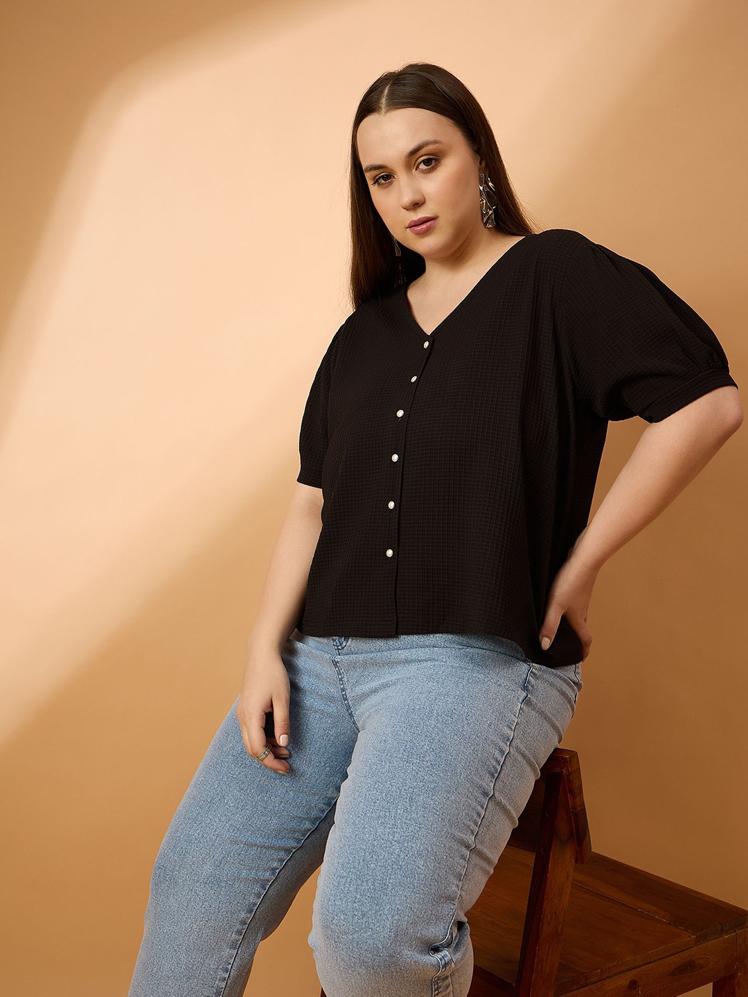 

all about you Womens Plus Size Puff Sleeve Top, Black