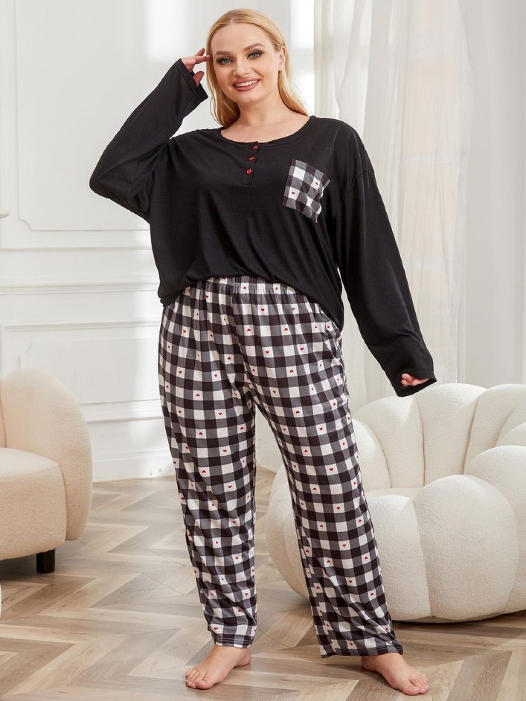 

LULU & SKY Women Plus Size Checked Night suit, Black