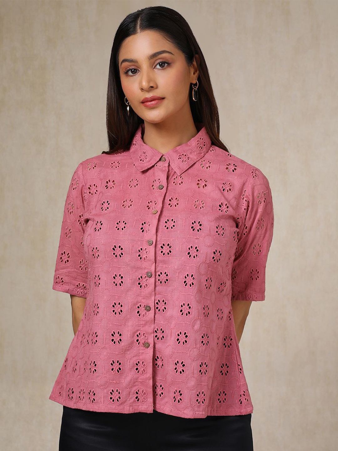 

Soch Schiffli Embroidered Opaque Casual Shirt, Pink