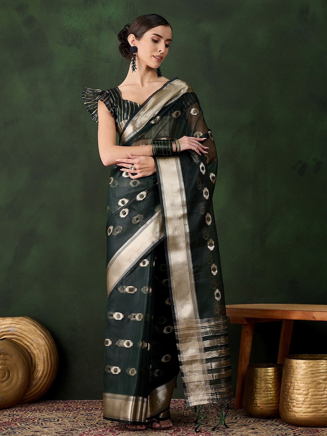

KIMISHA Woven Design Zari Organza Kanjeevaram Saree, Green