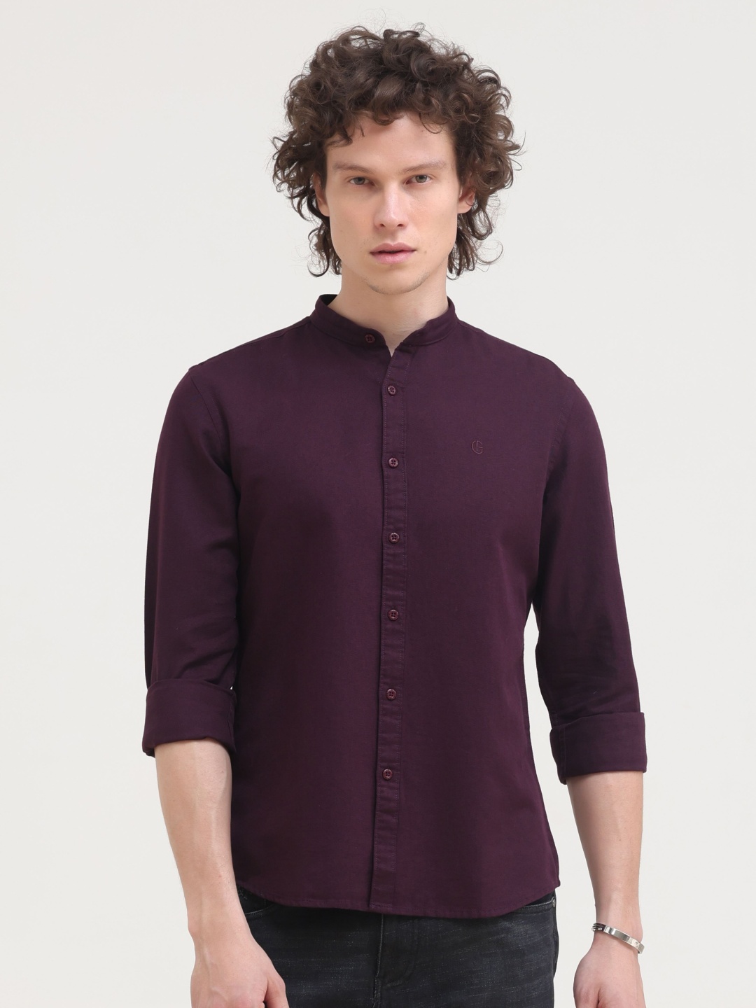 

Grit and Flair Men Comfort Slim Fit Band Collar Solid Cotton Casual Shirt, Maroon