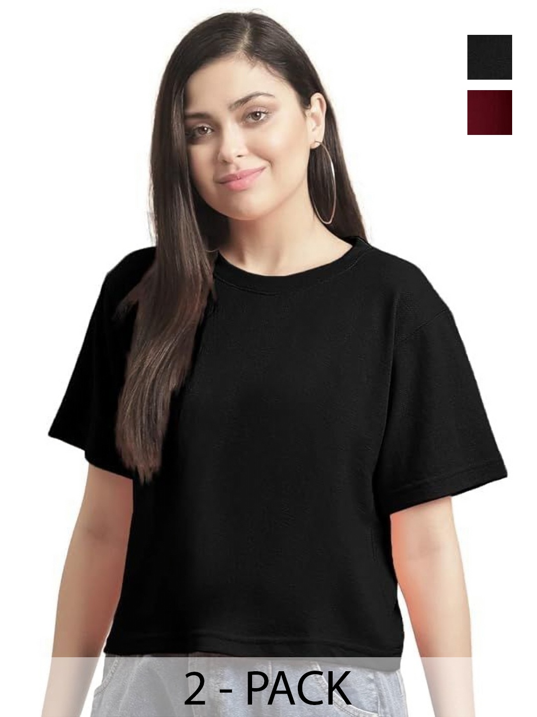 

NOTWILD Women Pack Of 2 Solid Round Neck Cotton T-shirts, Maroon