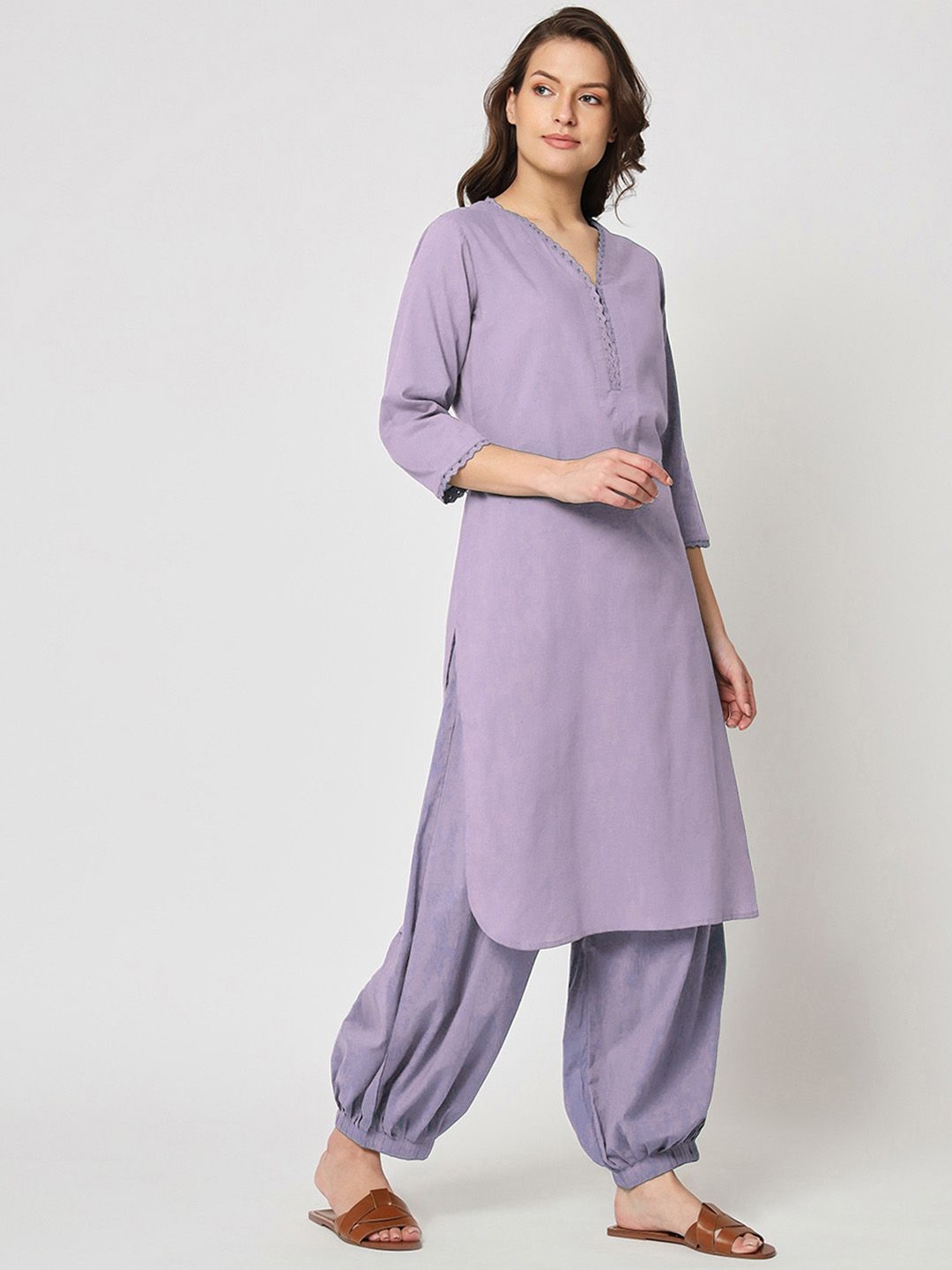 

Thevasa Lace Affair V-Neck Pure Cotton Long Tunic With Salwar, Purple
