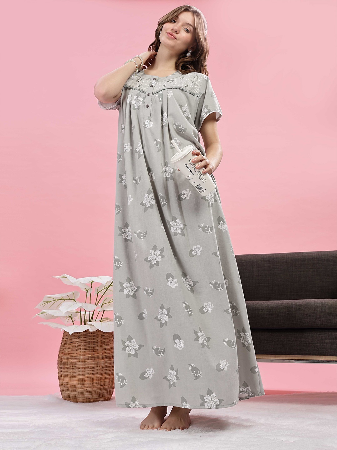 

9shines Label Women Printed Maxi Nightdress, Grey