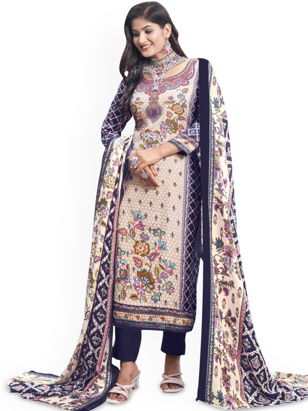 

DRAVINAM Trends Floral Printed Unstitched Dress Material, Blue