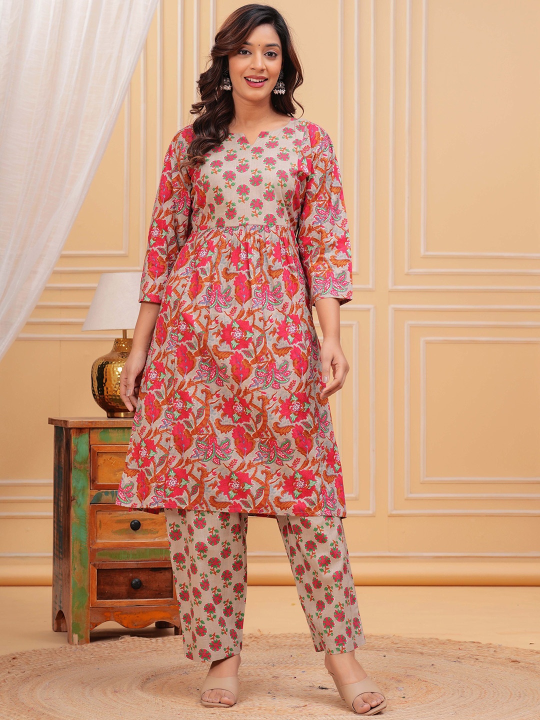

HERE&NOW Floral Printed Notch Neck Pure Cotton Straight Kurta With Trousers, Pink