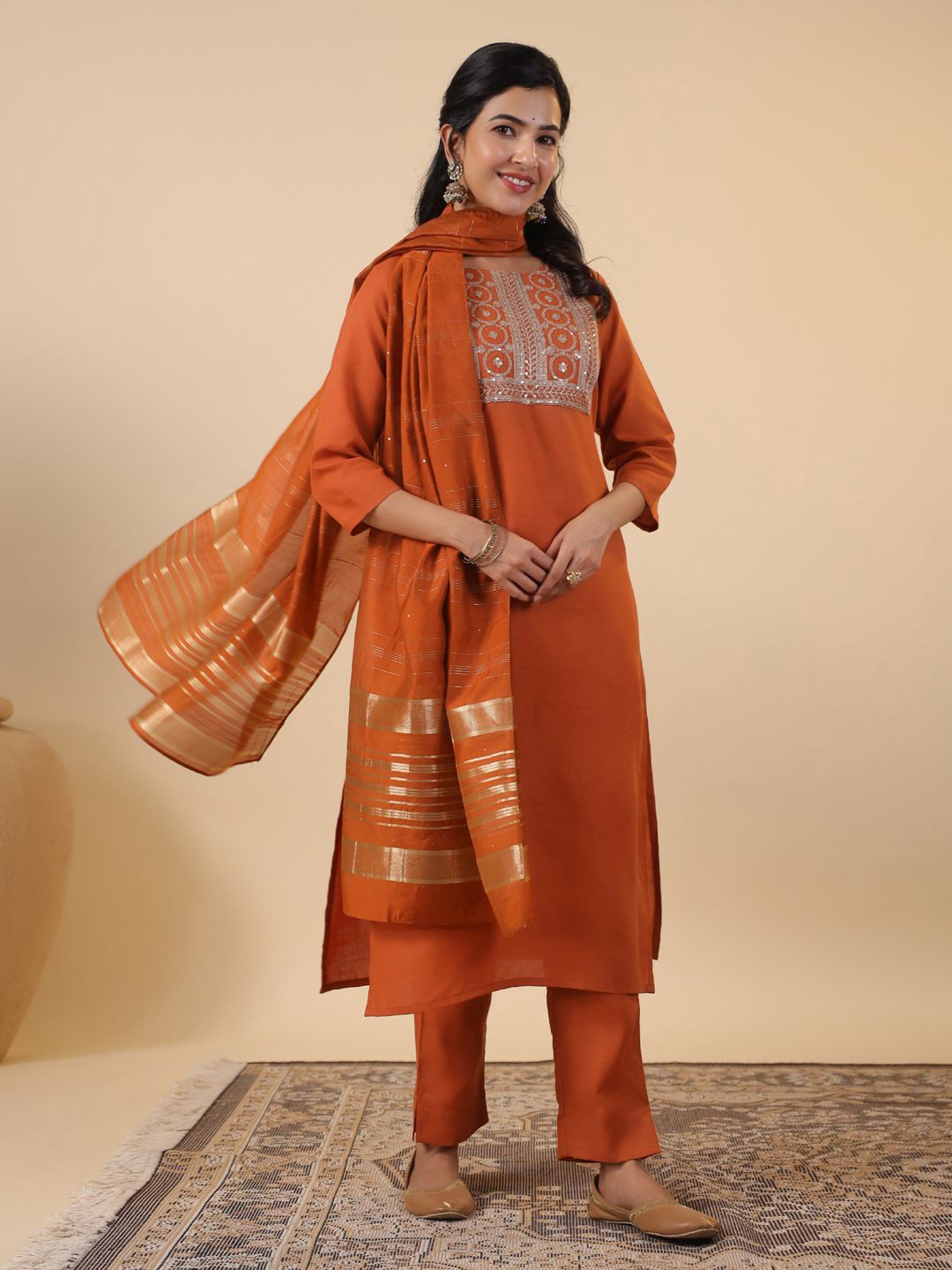 

Janasya Women Embroidered Regular Sequinned Pure Cotton Kurta with Trousers & With Dupatta, Rust