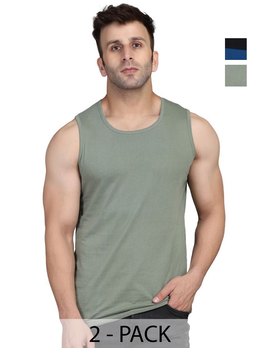 

WOOSTRO Men Pack Of 2 Solid Round Neck Cotton Slim Fit T-shirts, Green