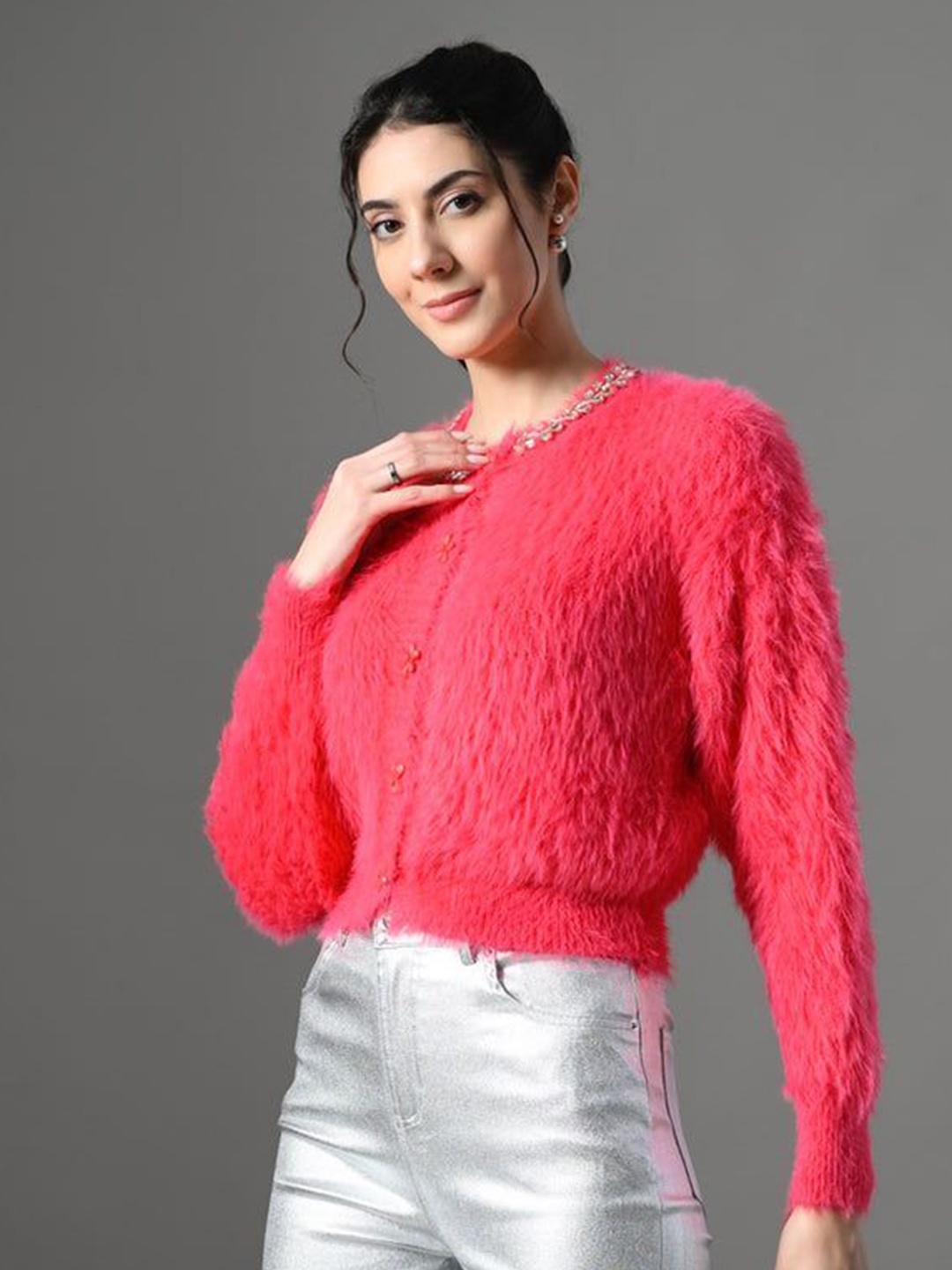 

PANKH Women Woollen Pullover with Fuzzy Detail, Pink