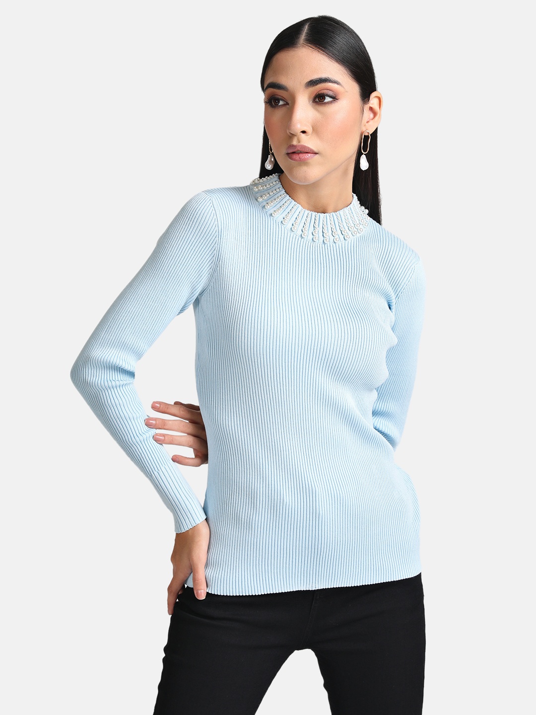 

Kazo Women Embellished Turtle Neck Pullover, Blue