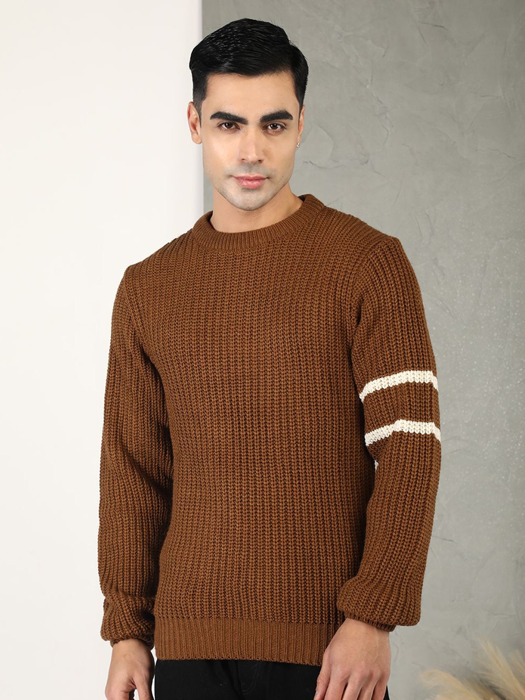 

CHKOKKO Men Round Neck Pullover Sweater, Brown