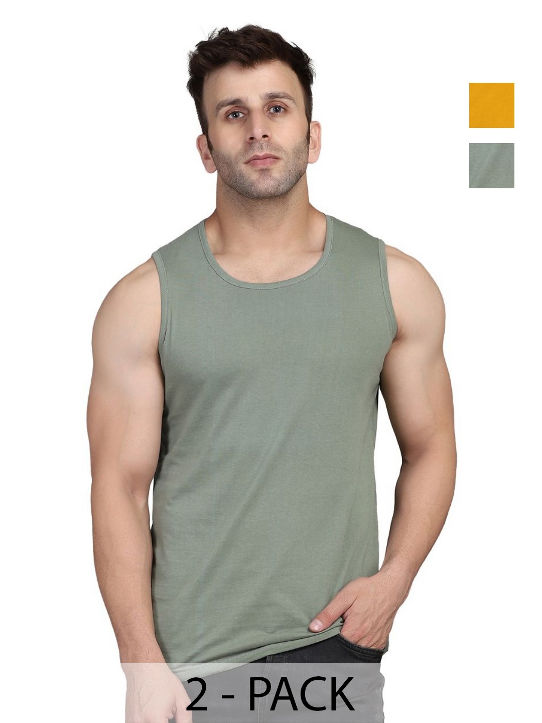 

WOOSTRO Men Pack Of 2 Solid Round Neck Cotton Slim Fit T-shirts, Mustard