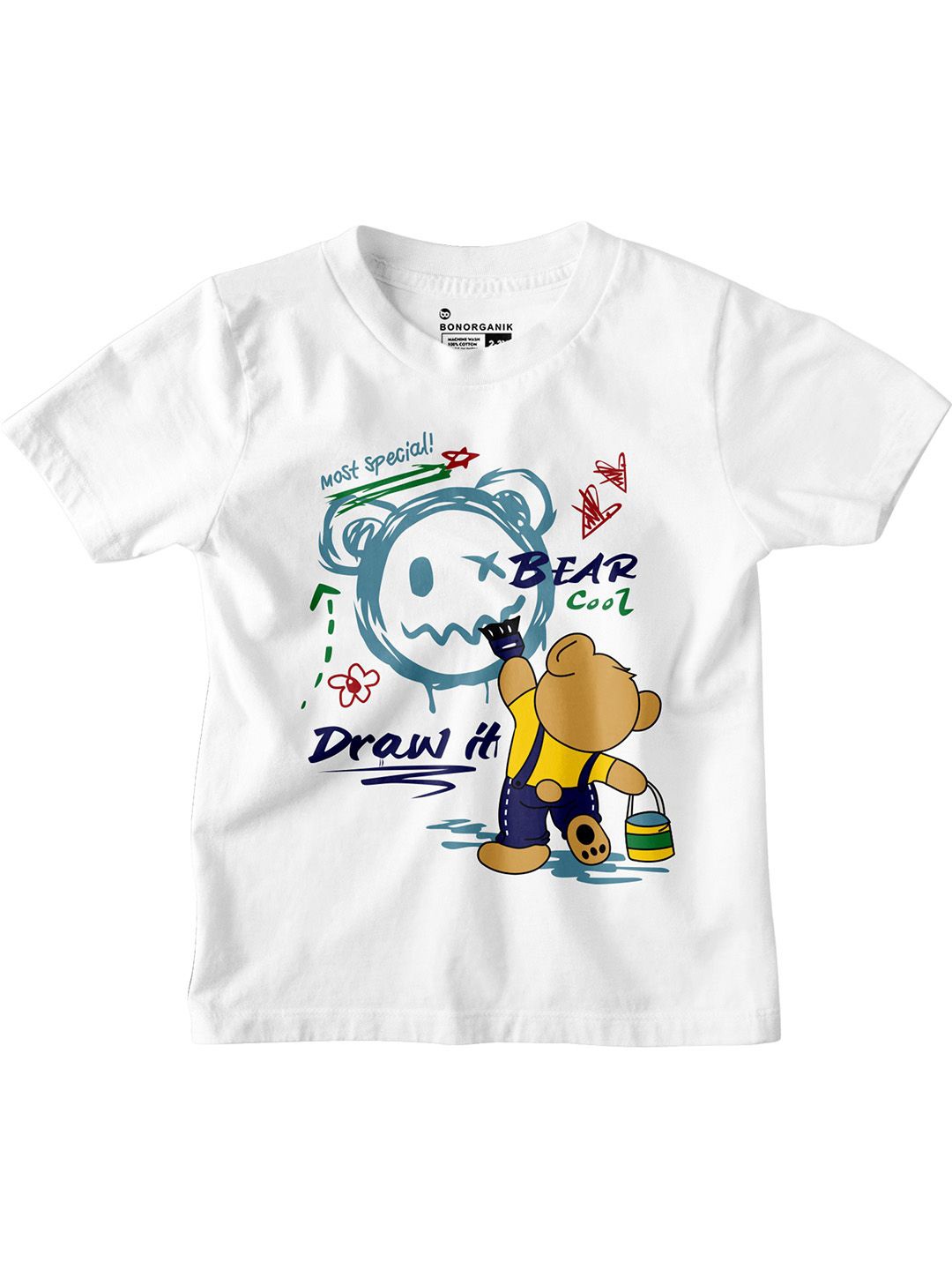 

BonOrganik Boys Graphic Printed Round Neck Cotton T-shirt, White