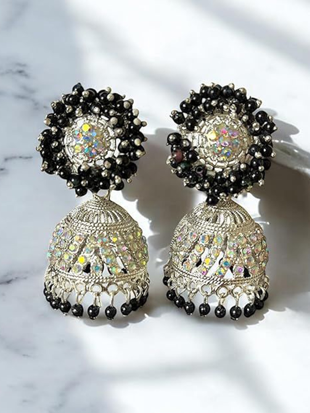 

JMBW INTERNATIONAL Sterling Silver Artificial Stones Studded And Beaded Dome Shape Jhumkas