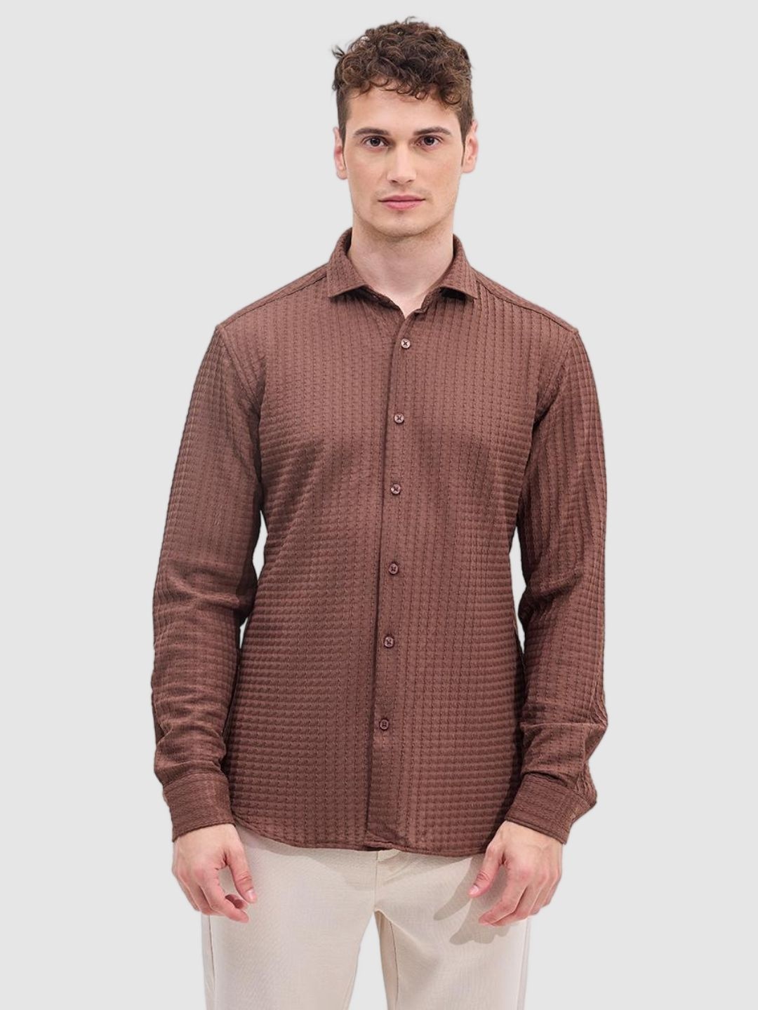 

Snitch Men Smart Slim Fit Spread Collar Textured Casual Shirt, Brown