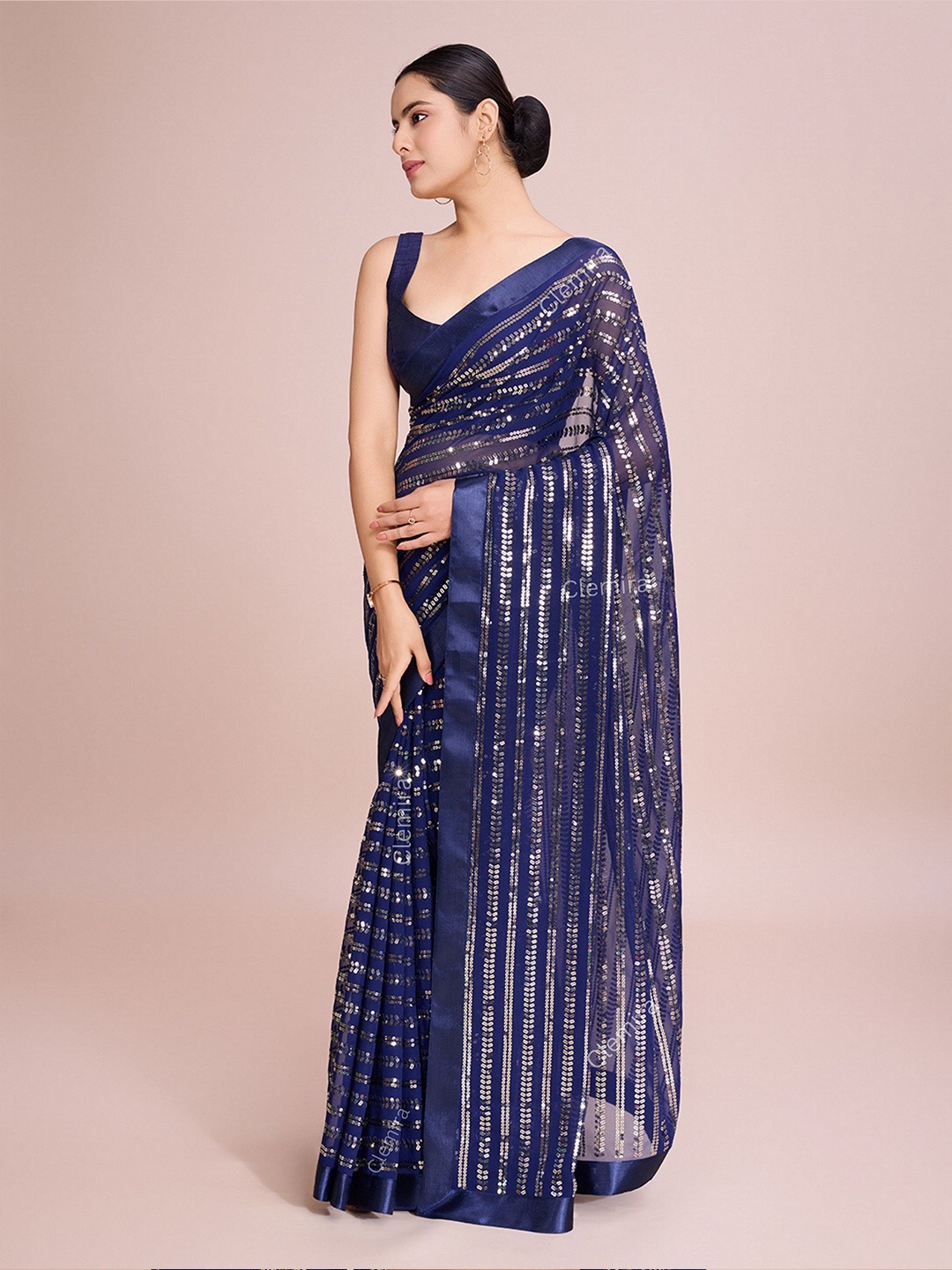 

FashionsEye Embellished Sequinned Pure Georgette Saree, Blue