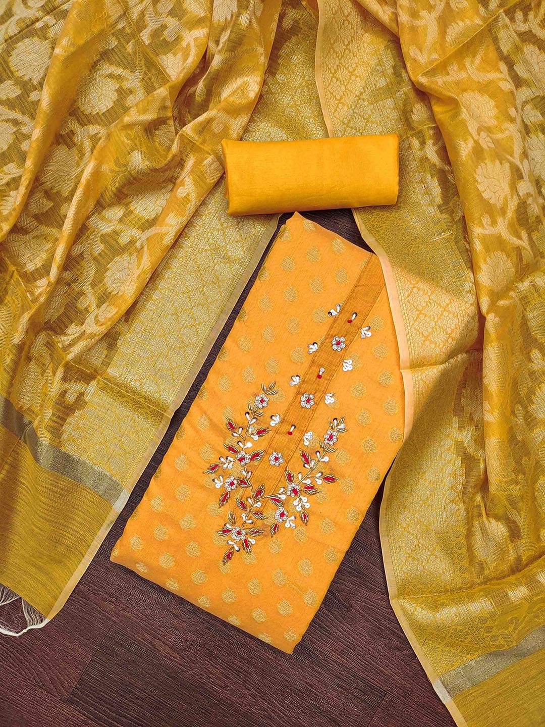 

KALINI Embellished Unstitched Dress Material, Yellow