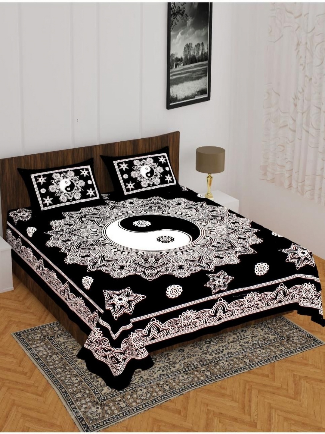 

Aura Black & White Ethnic Motifs 144 TC Queen Bedsheet with 2 Pillow Covers