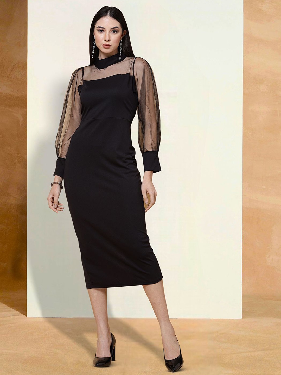 

BAESD High Neck Cuffed Sleeves Cotton Sheath Midi Dress, Black