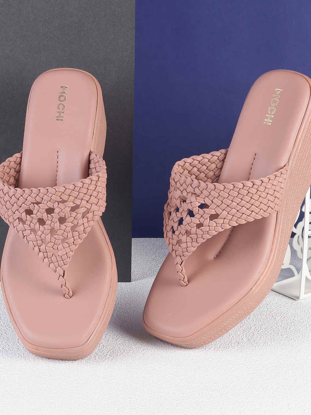 

Mochi Women Woven Design Wedge Sandals, Peach